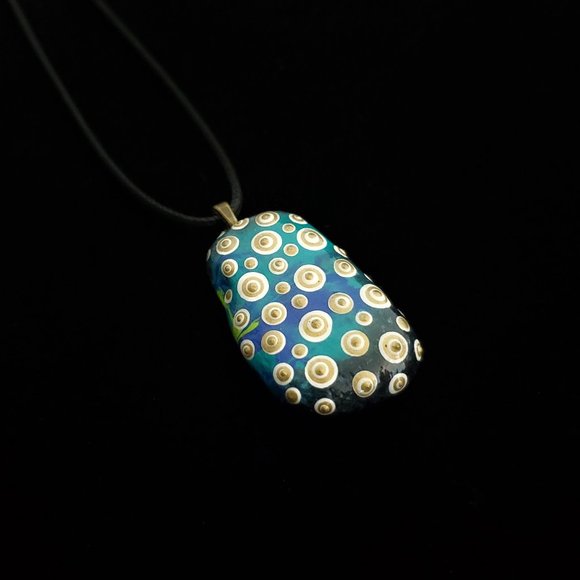 Hand Painted Dot Art Pendant. Ocean Blues Gold and White - Picture 5 of 8